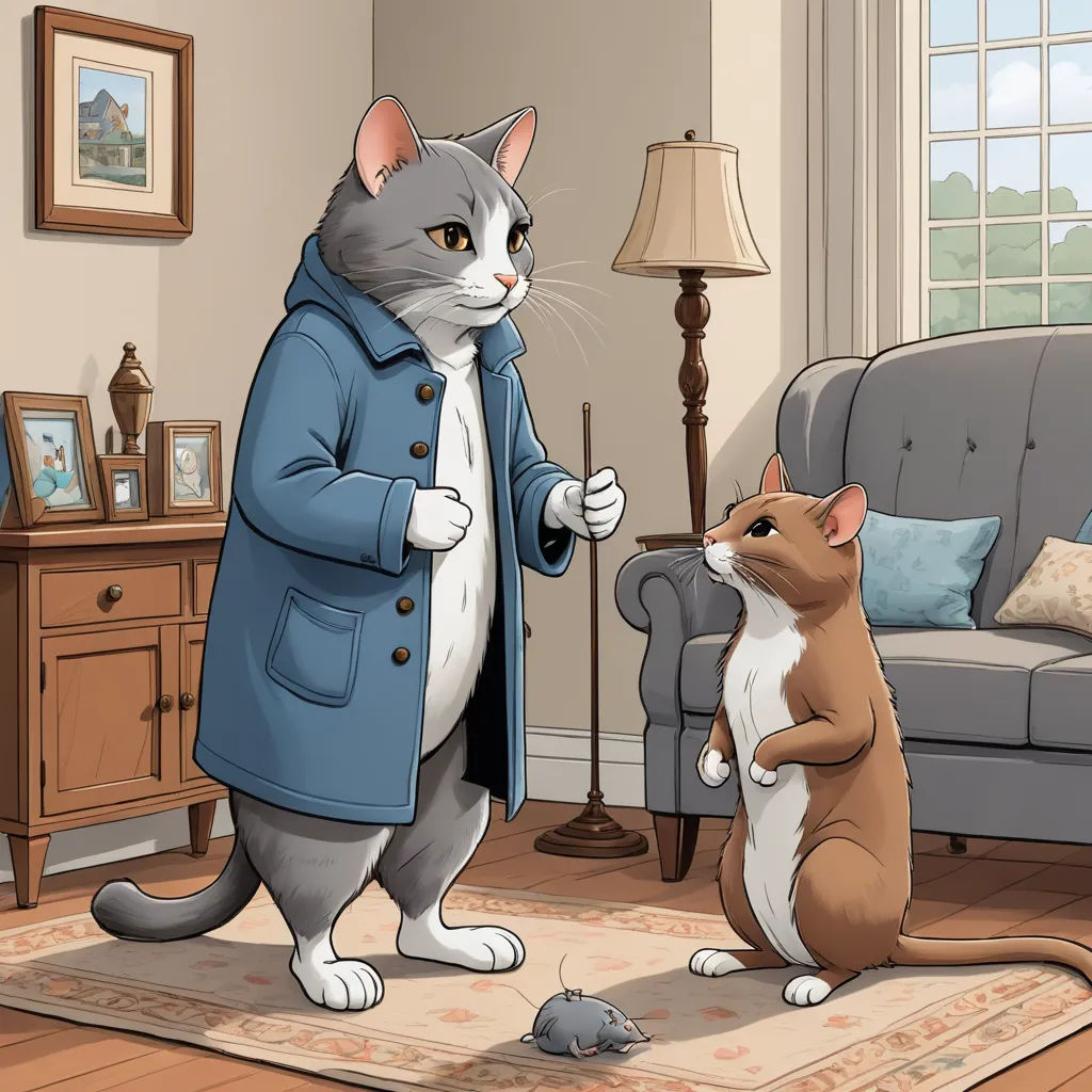a cat and a mouse are standing in a living room together, one is giving the other a paw, sots art, a storybook illustration, Beatrix Potter, official art
