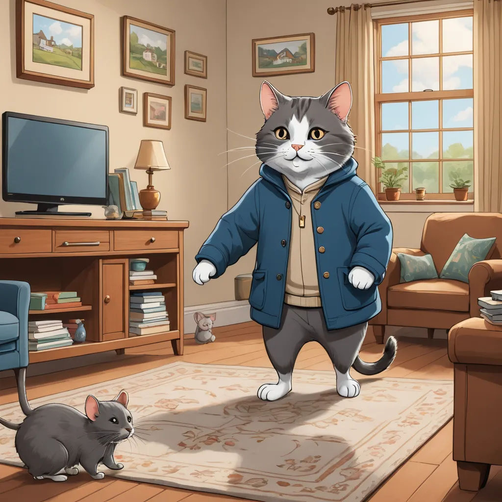 a cat in a blue coat standing in a living room next to a cat on a rug and a television, sots art, a character portrait, Beatrix Potter, official art