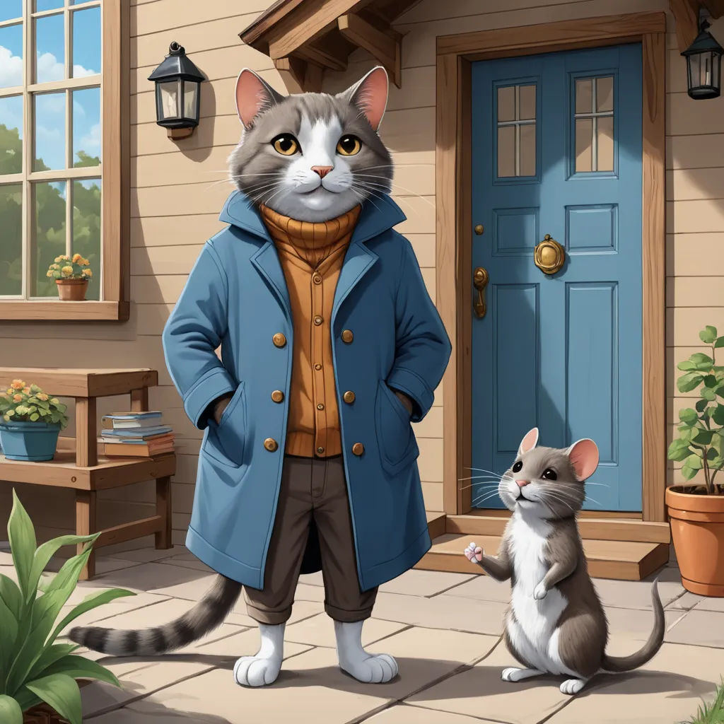 a cat and a mouse standing in front of a house with a blue door and a blue door with a brown door, sots art, a character portrait, Chris LaBrooy, character portrait