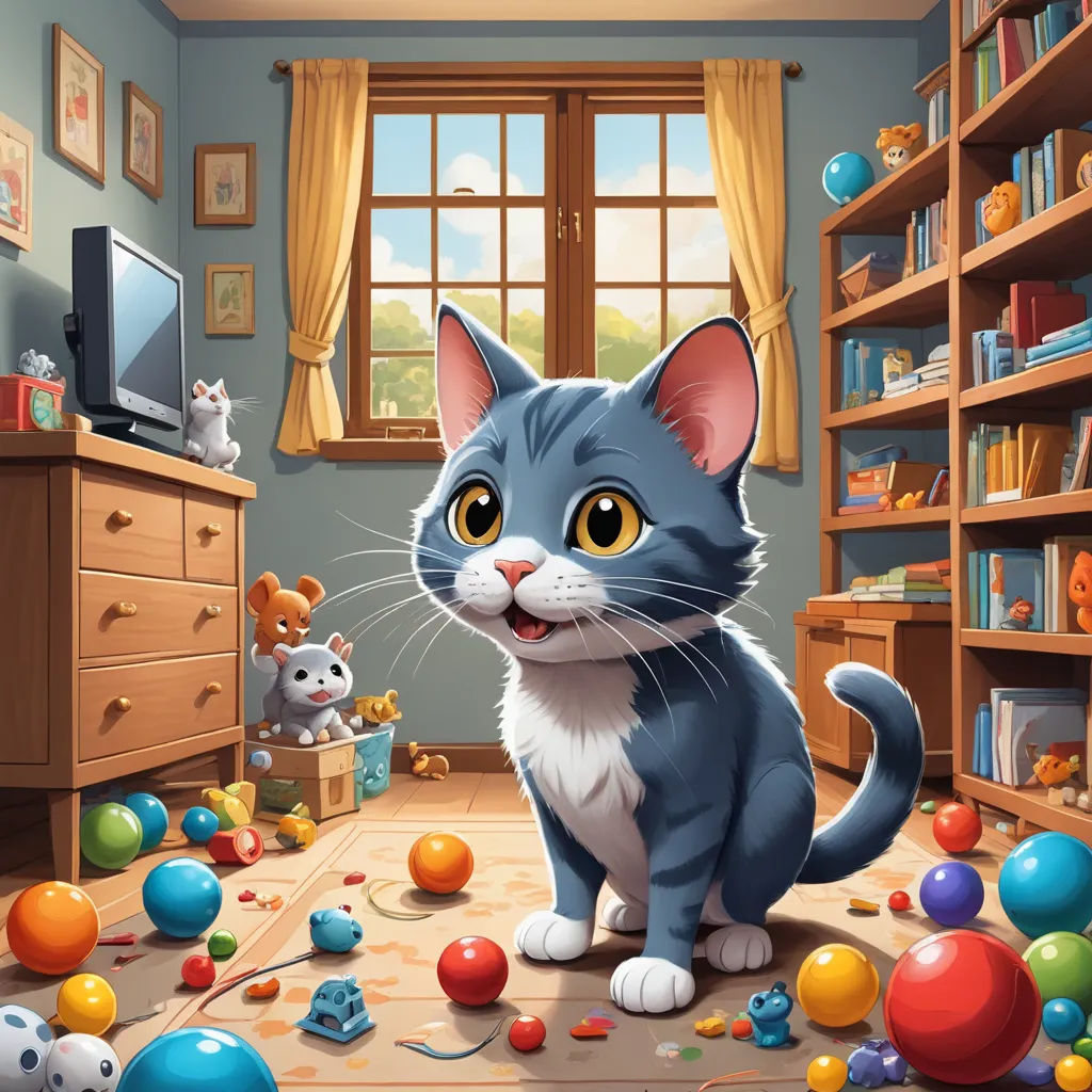 a cat is sitting in a room with toys and a television on the wall and a window with curtains, sots art, a storybook illustration, Chris LaBrooy, highly detailed digital painting