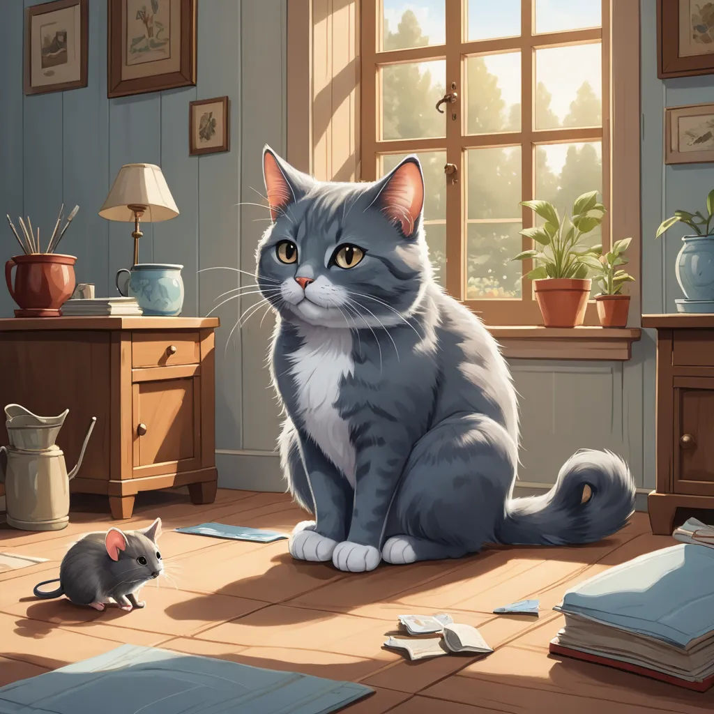 a cat and a mouse sitting on a floor in a room with a window and a lamp on the wall, sots art, a storybook illustration, Chris LaBrooy, game art