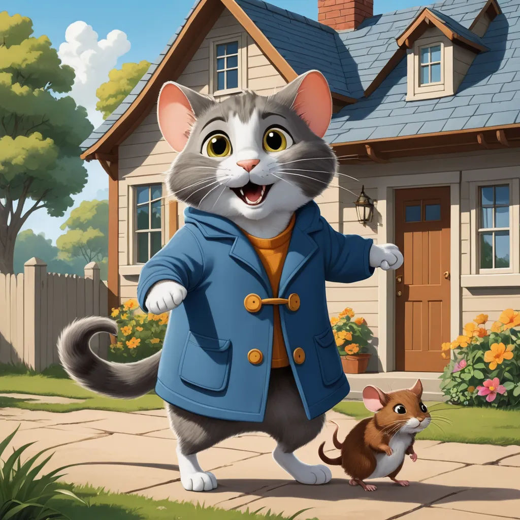 a cat in a blue coat is walking next to a mouse in front of a house with a flower garden, sots art, a storybook illustration, Beatrix Potter, promotional image