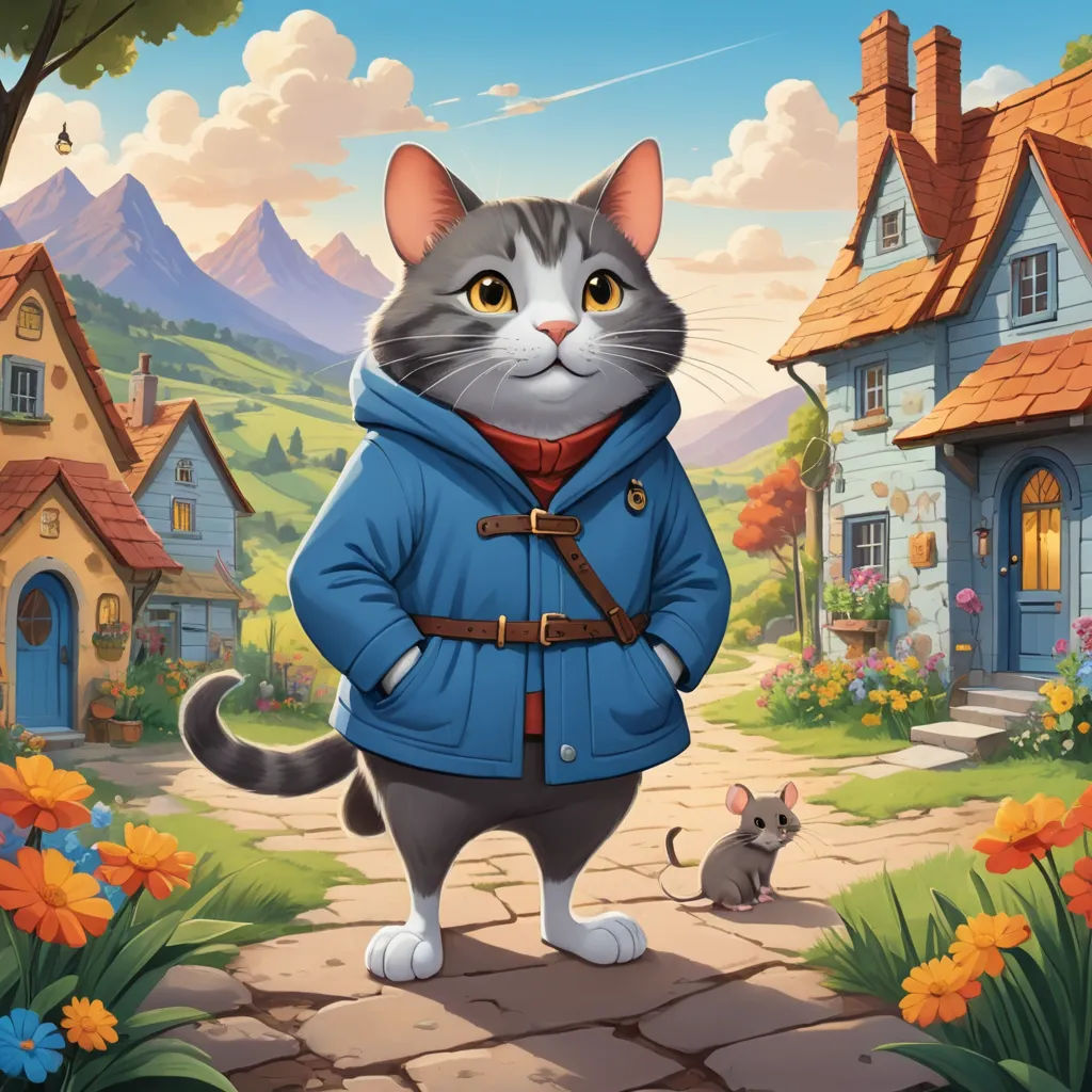 a cat in a blue jacket standing in front of a house with a mouse in front of it and a mouse in the background, sots art, a storybook illustration, Chris LaBrooy, official art