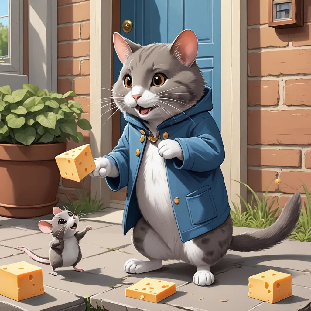 a cat in a blue coat is playing with a mouse and cheese blocks outside a house with a potted plant, sots art, a character portrait, Chris LaBrooy, kinkade