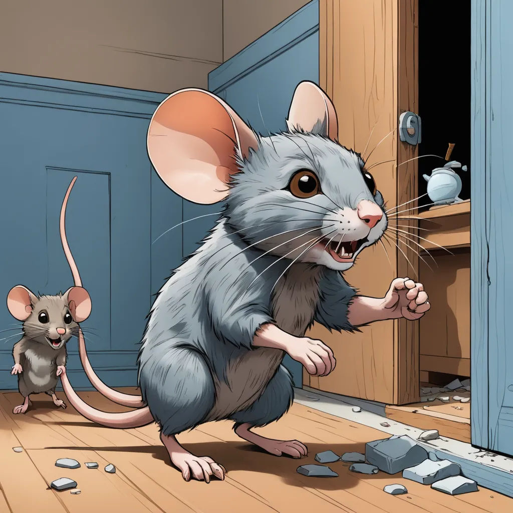 a mouse and a mouse in a room with a door and a door way in the background, a mouse is looking at the door, photorealism, a storybook illustration, Brian Despain, storybook illustration