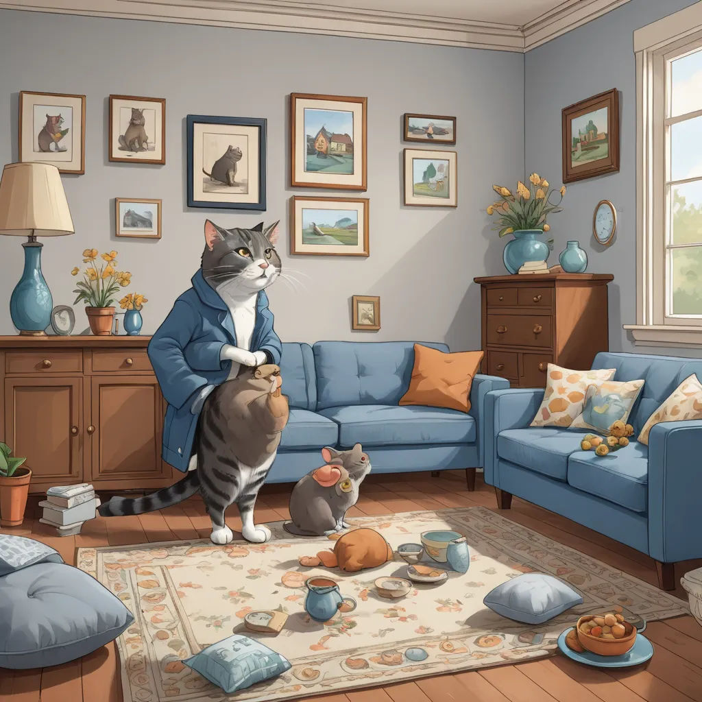 a cat is standing on a pillow in a living room with a cat and other cats on the floor, photorealism, a storybook illustration, Chris LaBrooy, storybook illustration