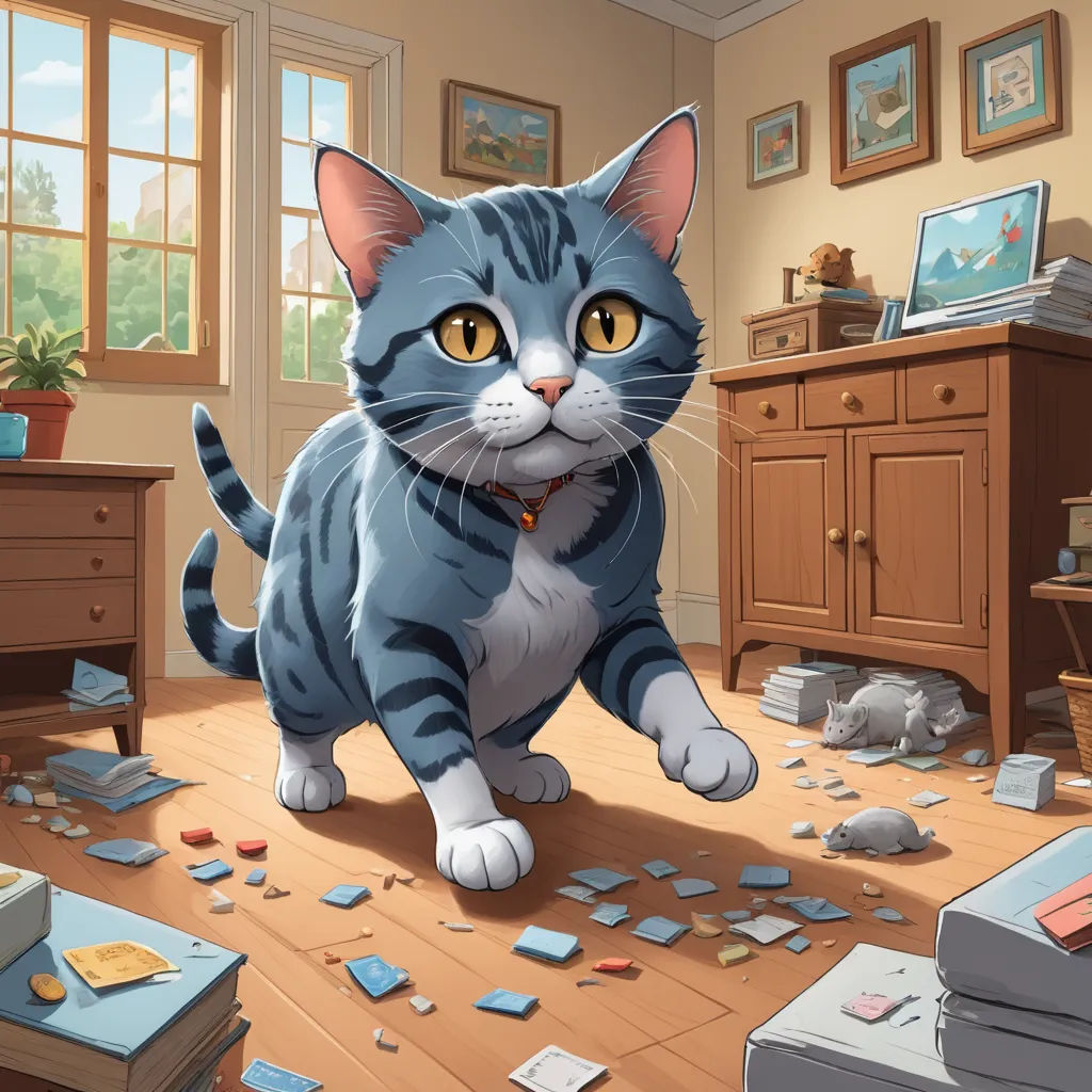 a cat is standing on the floor in a messy room with papers scattered all over it and a dresser with a computer on it, sots art, a storybook illustration, Chris LaBrooy, official art