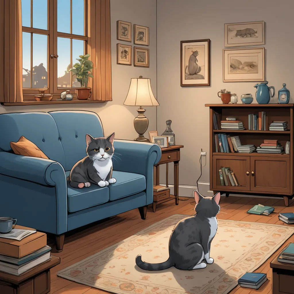 a cat sitting on a rug in a living room next to a couch and a lamp on a table, american scene painting, a storybook illustration, David Brewster, official art