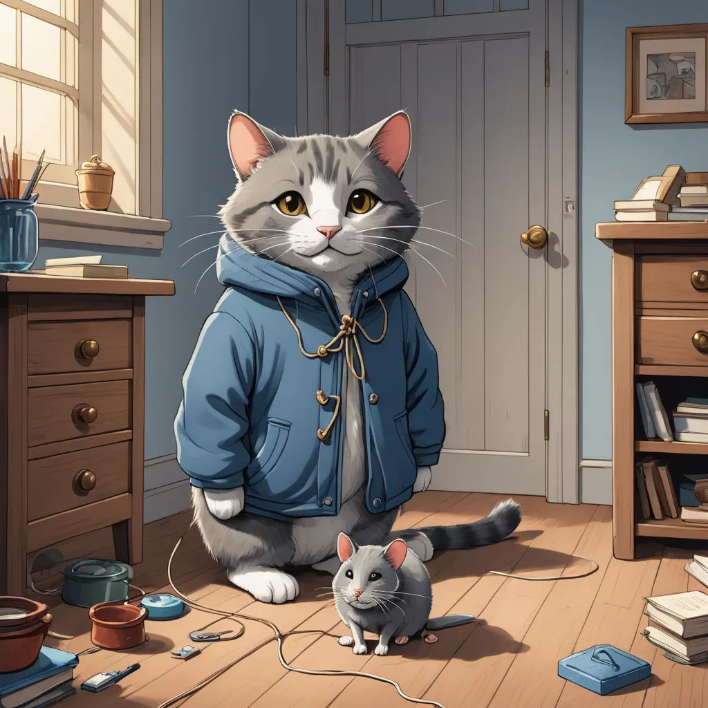 a cat in a blue jacket standing next to a mouse in a room with a dresser and a window, furry art, a storybook illustration, Chris LaBrooy, trending on art station