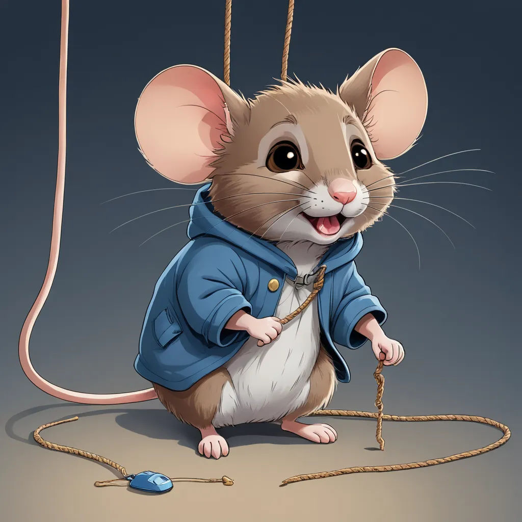 a mouse with a blue jacket on and a mouse on a string attached to it's back legs, sots art, a digital painting, Chris LaBrooy, trending on art station