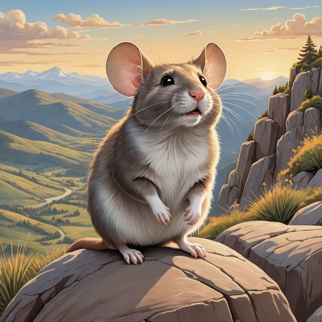 a mouse sitting on top of a rock in the mountains with a sunset in the background and a mountain range in the background, sots art, a storybook illustration, Chris LaBrooy, official art