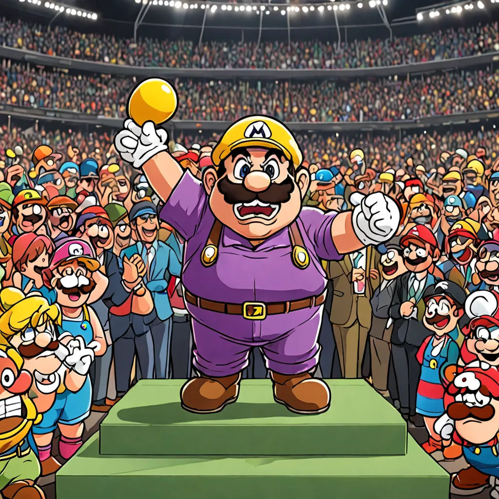 a cartoon character standing on a stage surrounded by people in a stadium with a giant crowd of people behind him, sots art, concept art, Adam Manyoki, official art