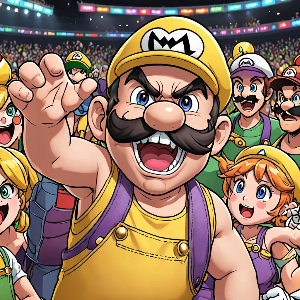 a group of people with mario and luigi in front of a crowd of people in a stadium with a mario on the side, sots art, a comic book panel, Charles Martin, official art