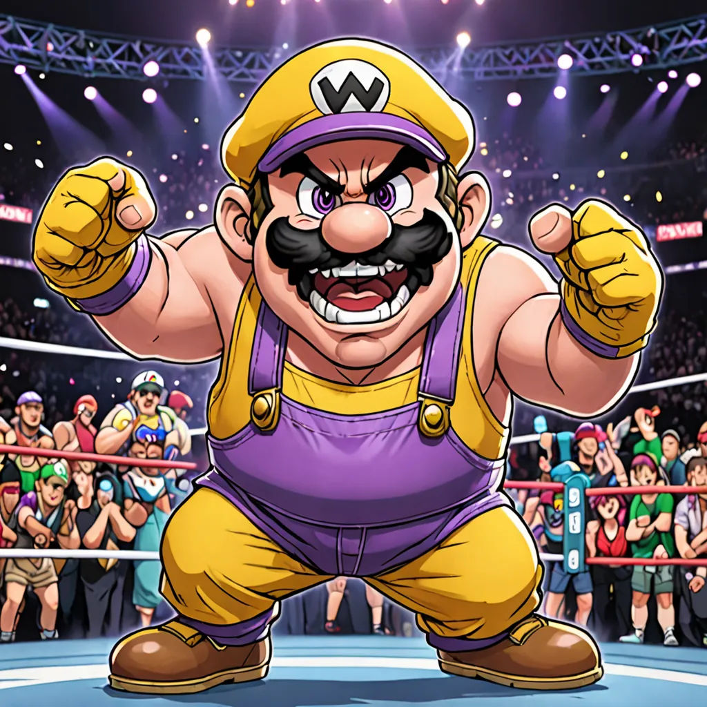 a cartoon character with a mustache and mustache on his face in front of a crowd of people in a wrestling ring, sots art, concept art, Charles Martin, official art