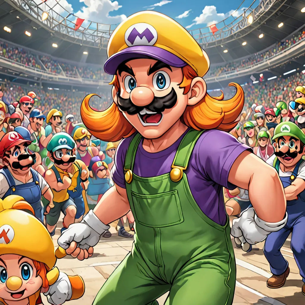 a nintendo game character with a crowd of people behind him in a stadium with a mario on the side, sots art, concept art, Charles Martin, official art
