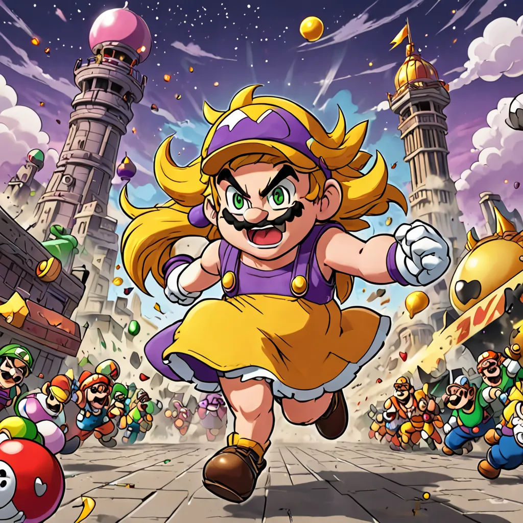 a cartoon character running through a city with many other characters in the background and a castle in the background, sots art, concept art, Anna Maria Barbara Abesch, official art
