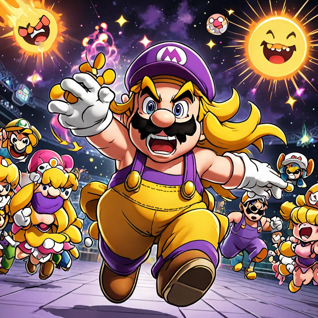 a cartoon character running through a crowd of people in a stadium with a mario bros character on the side, sots art, concept art, Baiōken Eishun, official art