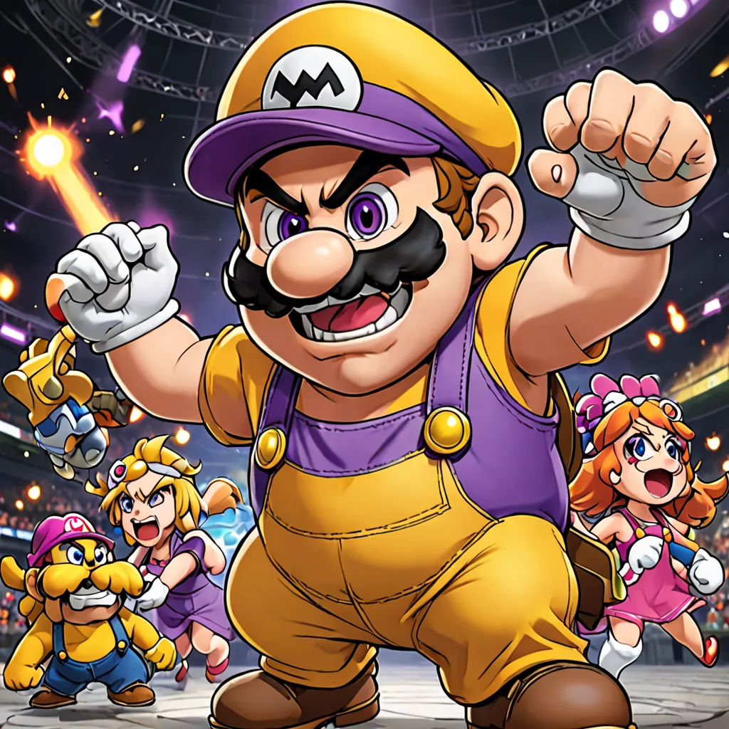 a cartoon character with a mustache and a mustache on his face, surrounded by other characters in a stadium, sots art, concept art, Adam Manyoki, official art
