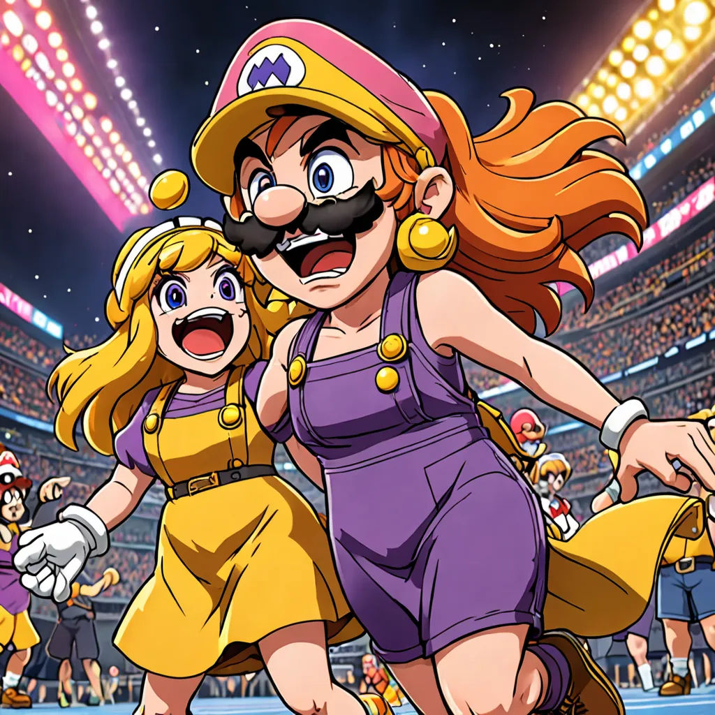 a cartoon of a woman and a man in a stadium with a mustache and mustache on their heads, and a man in a mustache and a woman in a dress, sots art, concept art, Adam Manyoki, official art