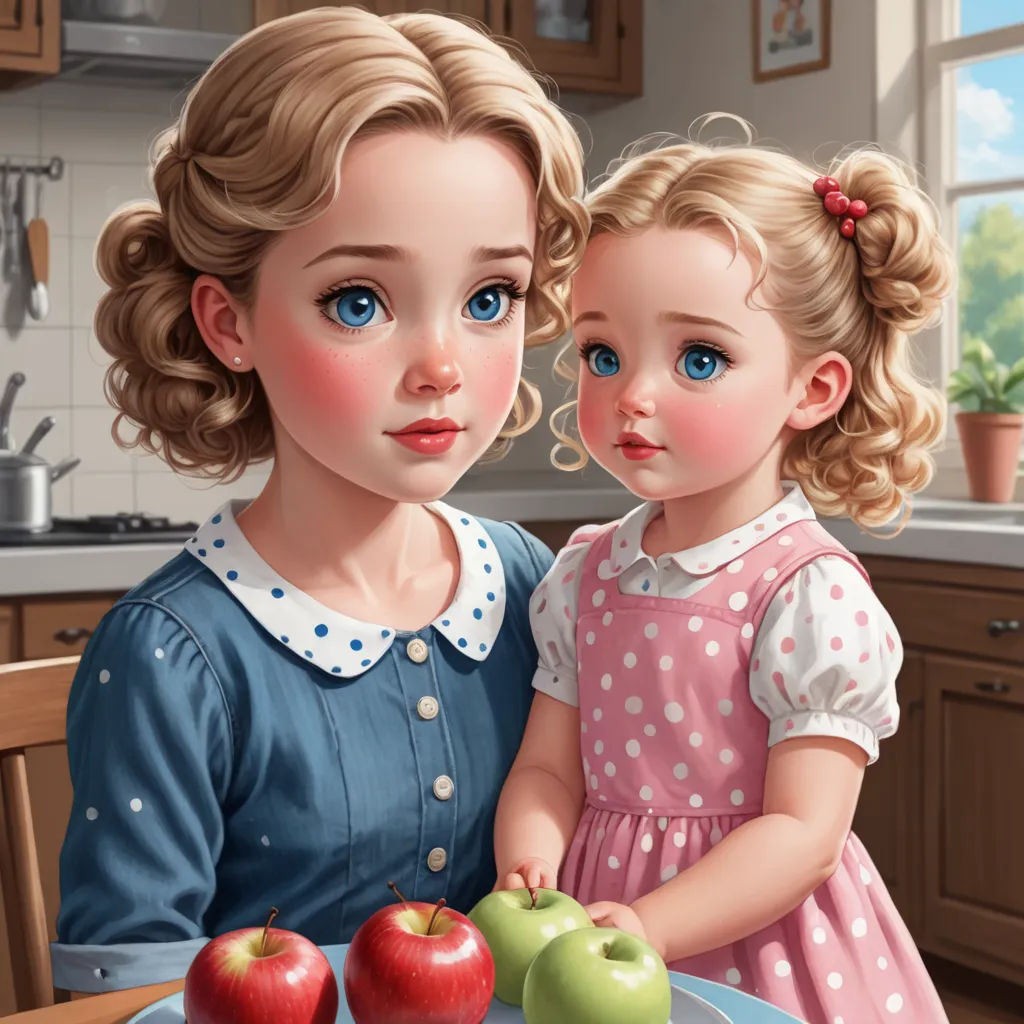 a painting of two girls sitting at a table with apples and a cake on it, with a plate of apples in front of them, pop surrealism, a photorealistic painting, Alice Prin, highly detailed digital painting