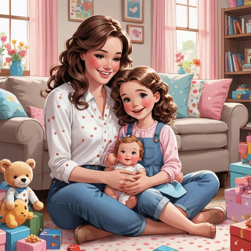 a woman holding a baby next to a teddy bear and a teddy bear sitting on a floor next to a couch, remodernism, a storybook illustration, Caroline Lucy Scott, storybook illustration