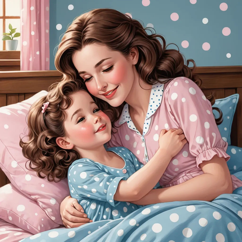 a painting of a mother hugging her daughter on the bed in her bedroom with polka dot sheets and pink curtains, remodernism, a storybook illustration, Caroline Lucy Scott, storybook illustration