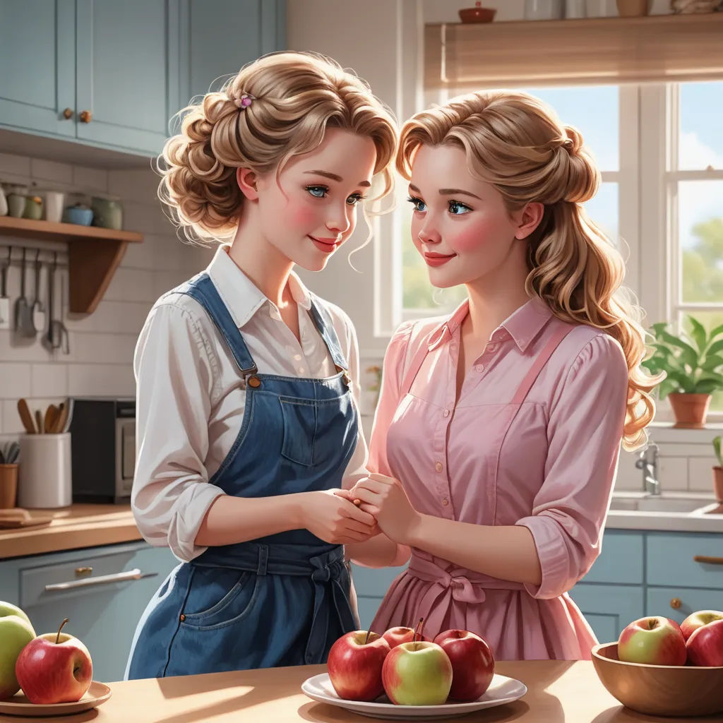 two women standing in a kitchen next to a plate of apples and a bowl of fruit on a counter, remodernism, a photorealistic painting, Artgerm, highly detailed digital painting
