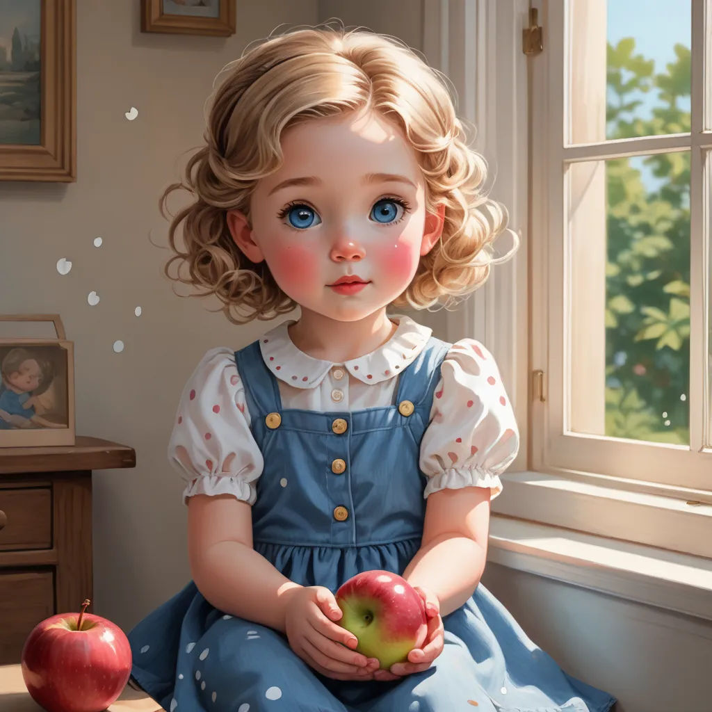 a painting of a little girl holding an apple in front of a window with a picture of an apple on the window sill, pop surrealism, a detailed painting, Alice Prin, highly detailed digital painting