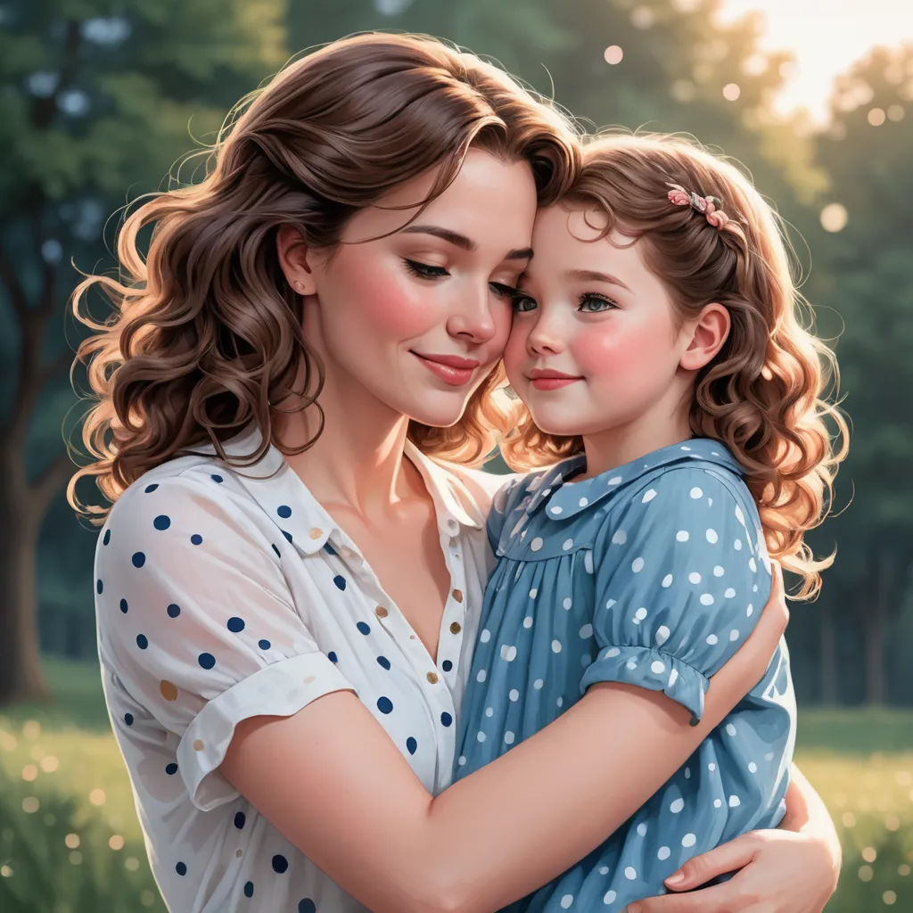 a painting of a mother and her child hugging each other in a park with trees in the background and sunlight shining through the trees, photorealism, a photorealistic painting, Alejandro Burdisio, ultra realistic illustration