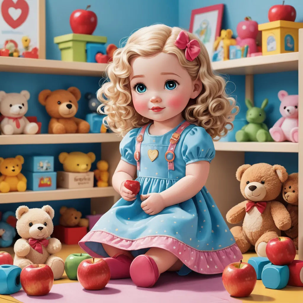 a painting of a little girl sitting on the floor surrounded by toys and teddy bears in a room with blue walls, photorealism, a storybook illustration, Clarice Beckett, highly detailed digital painting