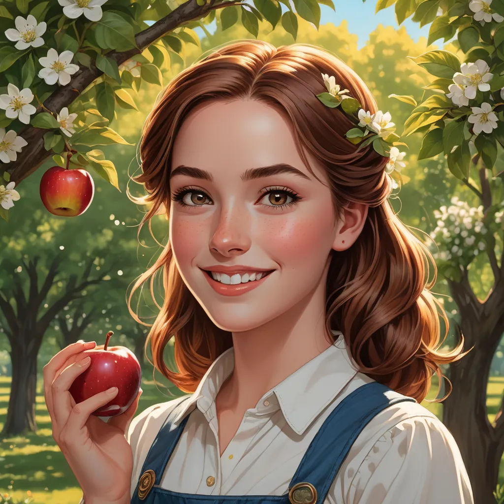 a painting of a girl holding an apple in a tree with white flowers on it and a green apple in her hand, fantasy art, an ultrafine detailed painting, Artgerm, trending on art station