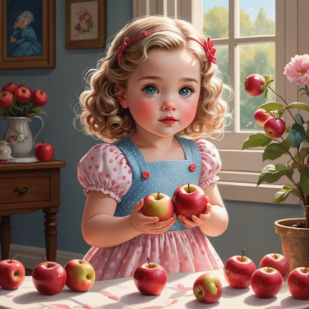 a painting of a little girl holding apples in front of a table of apples and flowers in a room, pop surrealism, a photorealistic painting, Alice Prin, highly detailed digital painting