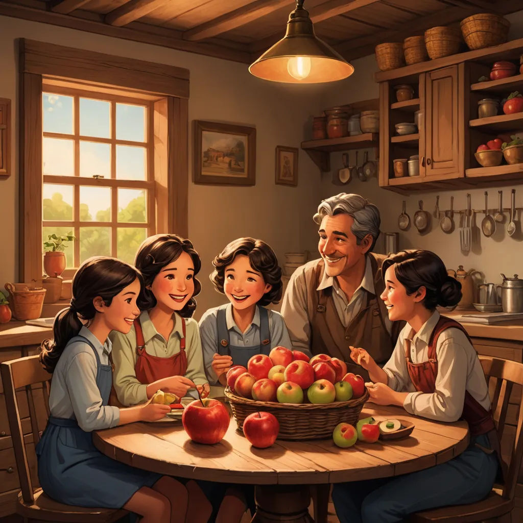 a family sitting around a table with apples in a kitchen together, smiling at the camera, with a basket of apples in the foreground, american scene painting, a storybook illustration, Brothers Hildebrandt, storybook illustration