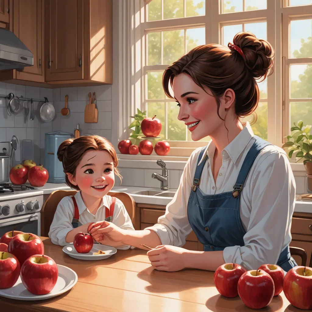 a woman and a child are sitting at a table with apples in front of them and a window behind them, american scene painting, a storybook illustration, Alejandro Burdisio, trending on art station