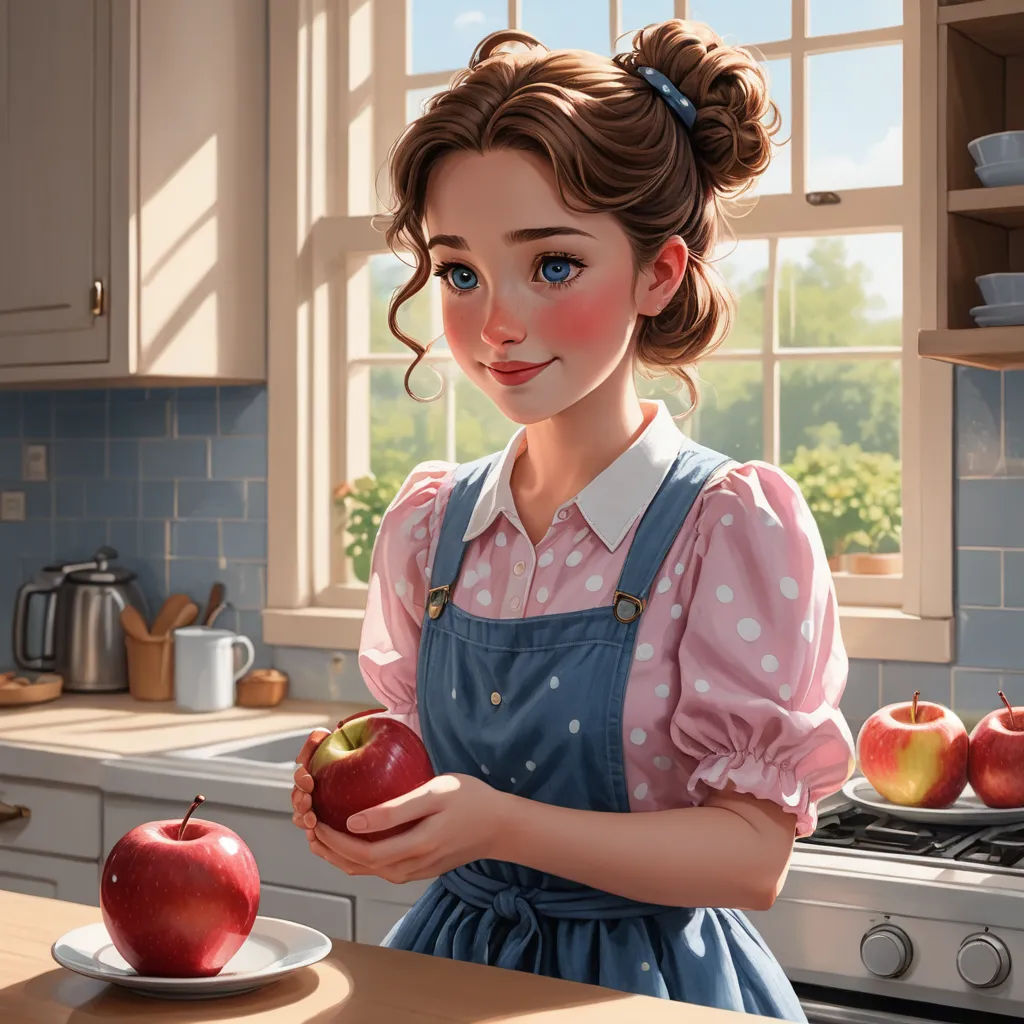 a painting of a girl holding an apple in a kitchen with a plate of apples on the counter and a bowl of apples on the counter, american scene painting, a storybook illustration, Alejandro Burdisio, trending on art station