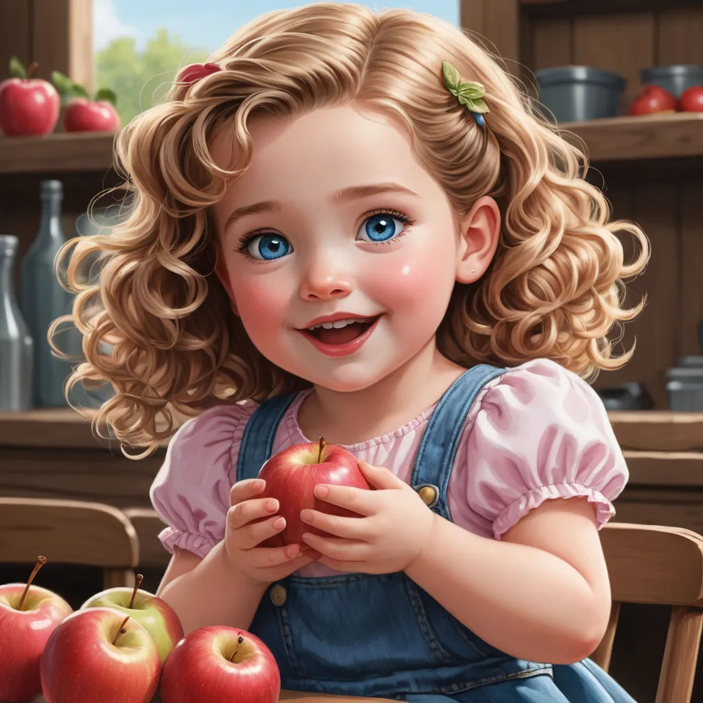 a painting of a little girl holding an apple in front of a table of apples and a vase of milk, photorealism, a detailed painting, Alice Prin, trending on art station