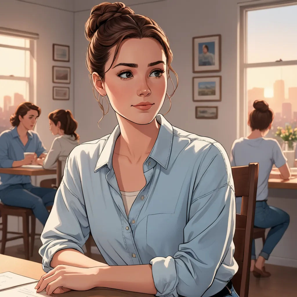 a woman sitting at a table with a laptop computer in front of her and a group of people in the background, american scene painting, a character portrait, Constance Gordon-Cumming, kinkade