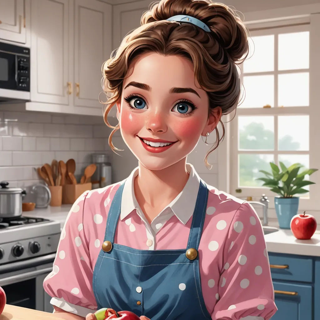 a woman in a pink shirt and blue apron holding a plate of apples in a kitchen with a pot of tomatoes, sots art, a character portrait, Constance Gordon-Cumming, trending on art station