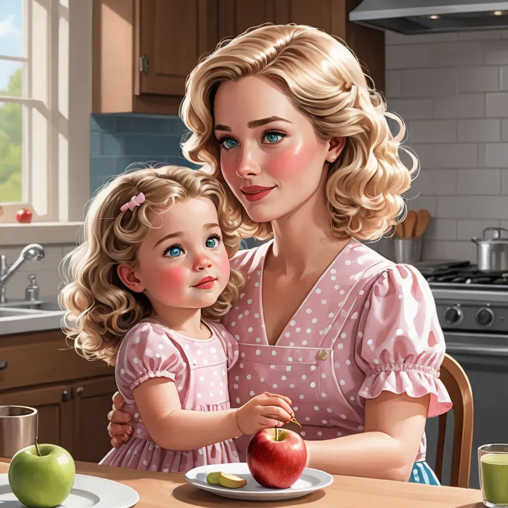 a woman and a child are sitting at a table with an apple in front of them and a glass of milk, american realism, a storybook illustration, Dorothy Coke, storybook illustration