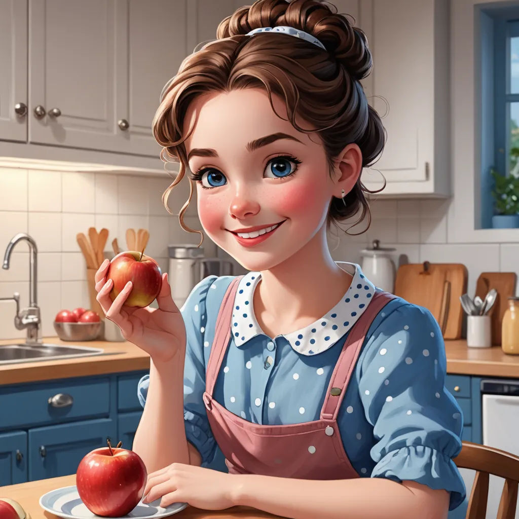 a cartoon girl holding an apple and a knife in her hand while sitting at a table in a kitchen, photorealism, a storybook illustration, Constance Gordon-Cumming, trending on art station