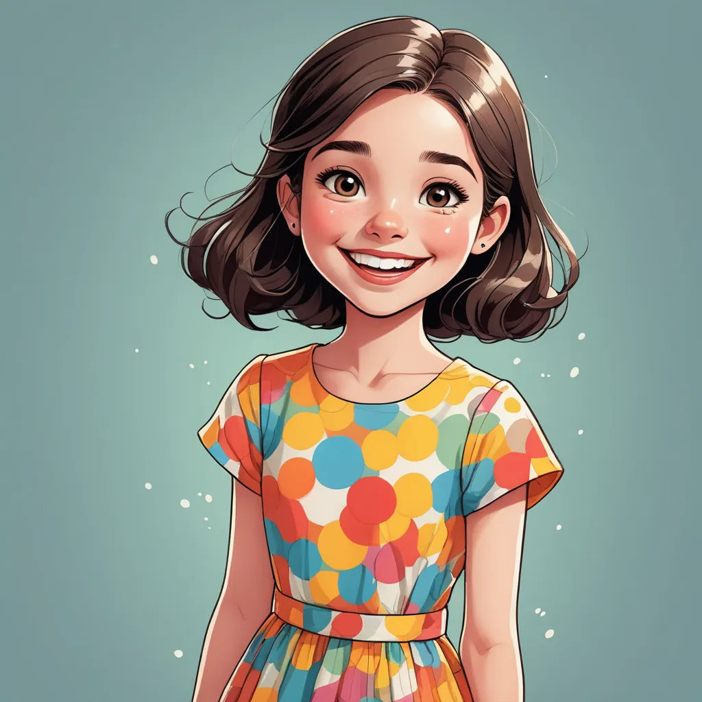 a cartoon girl with a colorful dress and a smile on her face, with a blue background and a green background, photorealism, a character portrait, Diego Gisbert Llorens, rossdraws global illumination
