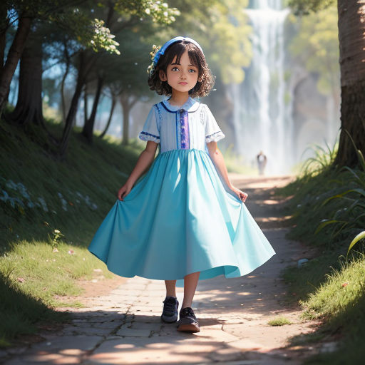 a little girl in a blue dress standing on a path near a waterfall and trees with a blue bow