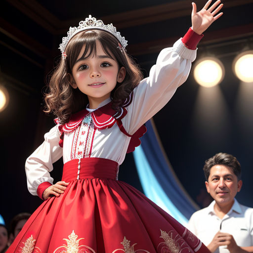 a little girl in a red and white dress is waving to the crowd while wearing a tiara and a crown