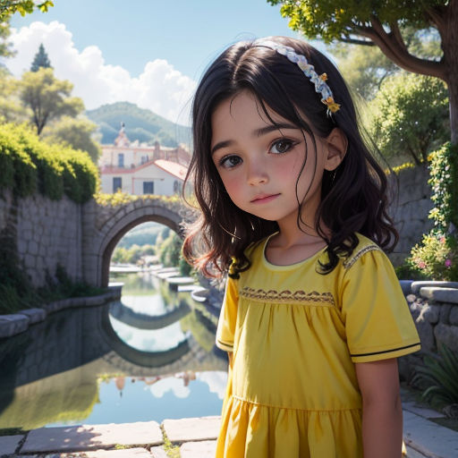 a little girl standing in front of a pond with a bridge in the background and a building in the background