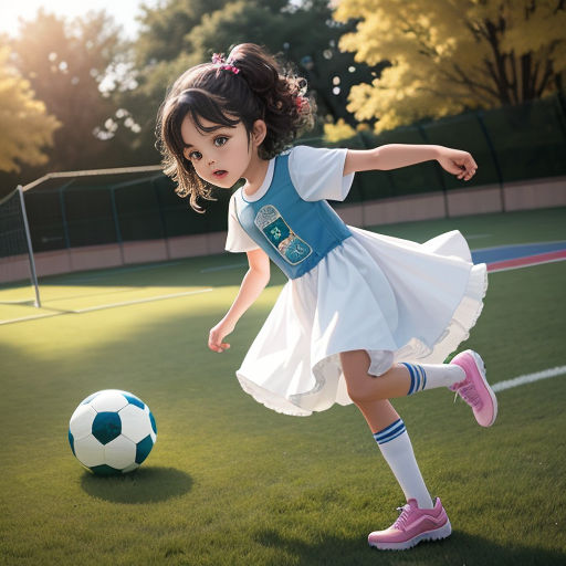 a little girl in a white dress kicking a soccer ball on a field with a fence in the background