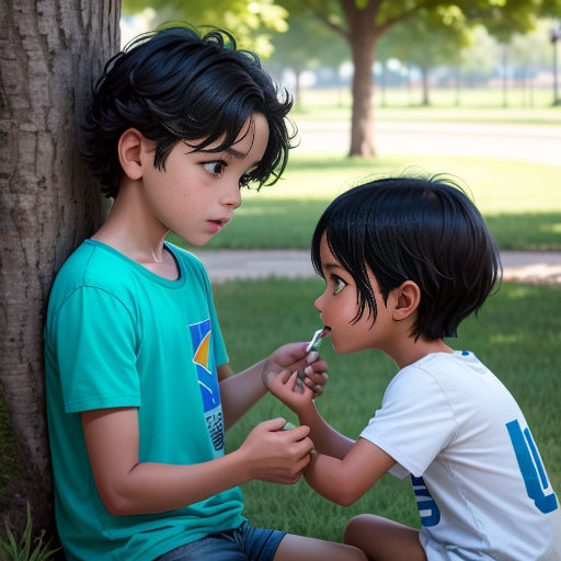 two children sitting on the ground near a tree and one is brushing his teeth with a toothbrush in his mouth