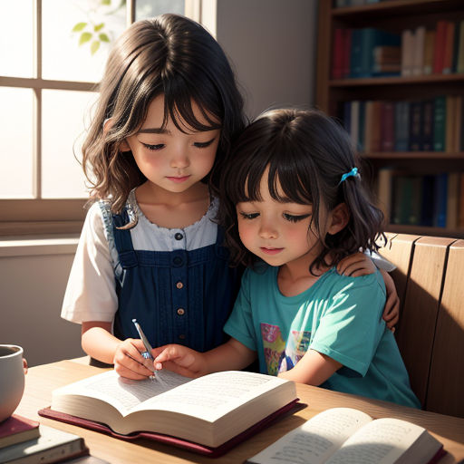 two little girls sitting at a table with a book and pen in their hands and a cup of coffee