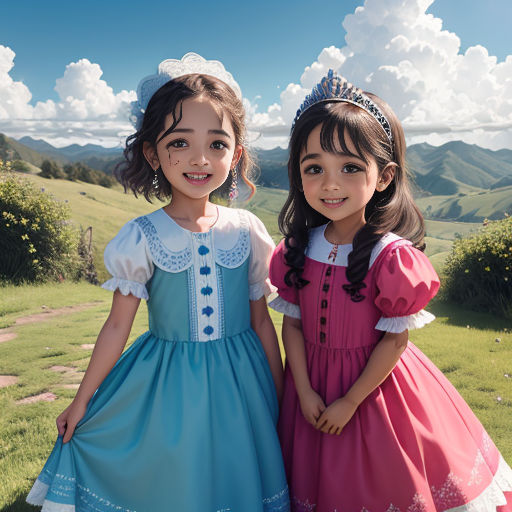 two young girls dressed in dresses standing next to each other in a field with mountains in the background and clouds in the sky