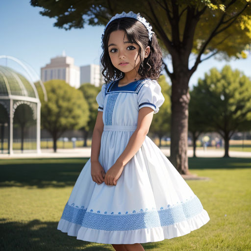 a little girl in a dress standing in the grass in a park with a tree in the background and a building in the background