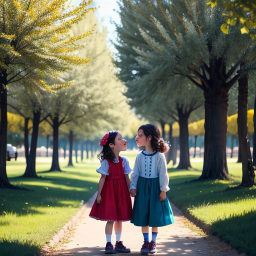 two little girls standing on a path in a park with trees and grass in the background and one girl in a red dress and the other girl in a blue dress